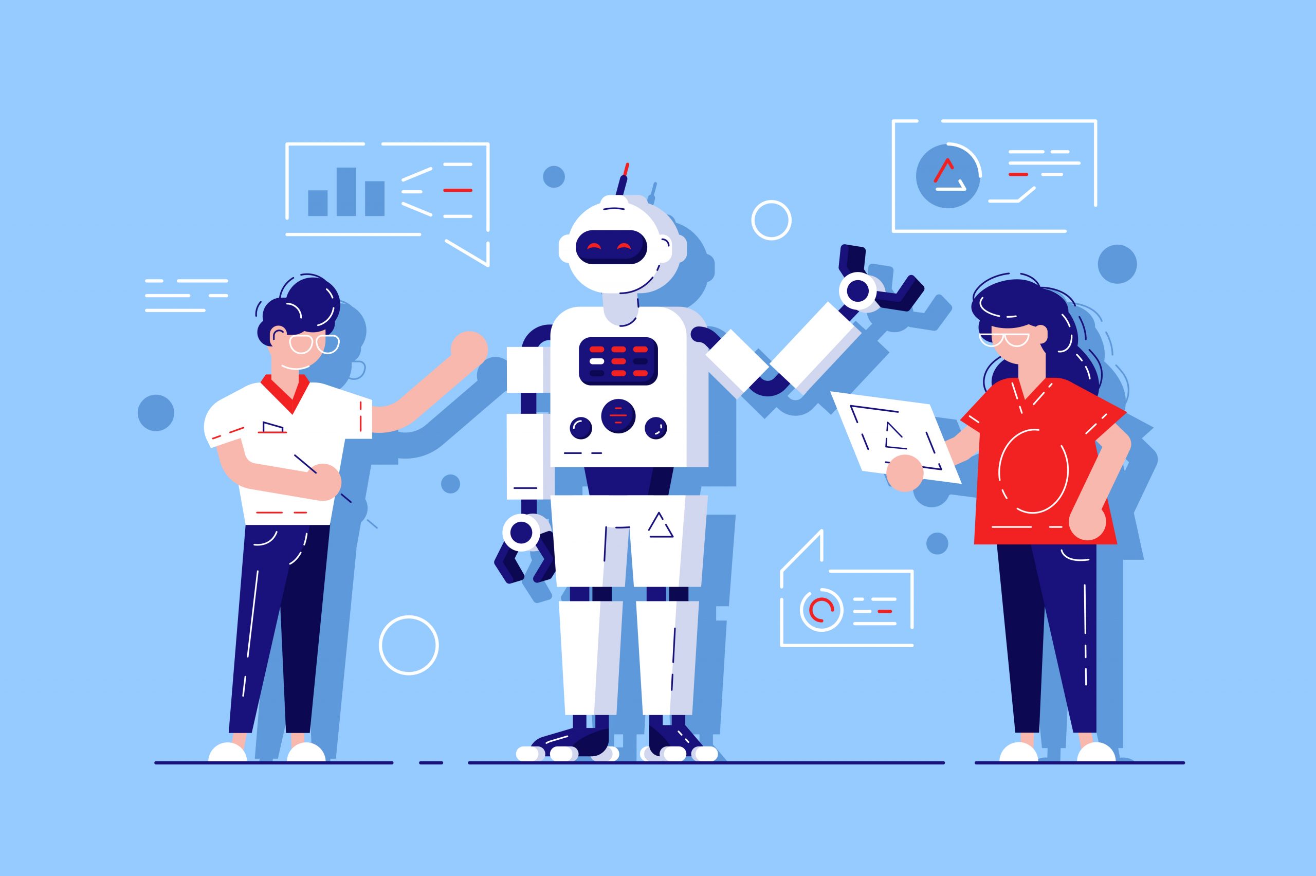 Man and woman developing chat bot. AI simulating conversation with human users over internet vector illustration. Online talking with Robot. Virtual mobile application assistance flat style concept